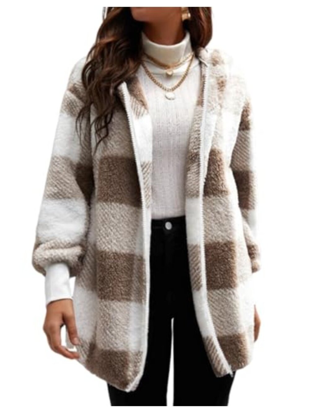 Women's Fleece Open Front Jacket Long Sleeve Winter Coat with Pockets